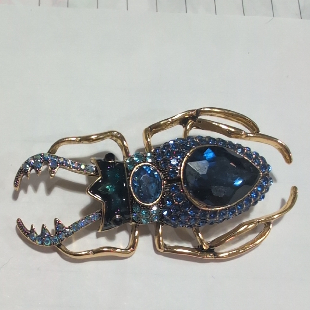 Gold-Tone Blue Crystal Beetle Brooch - Women's Jewelry Accent